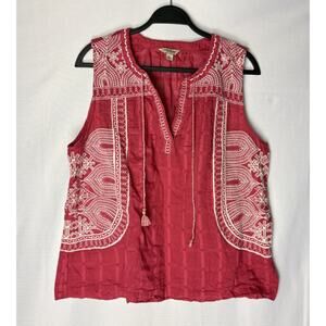 Lucky Brand Sleeveless Boho Top Women's Size XL Pink Embroidered V Neck Tassel